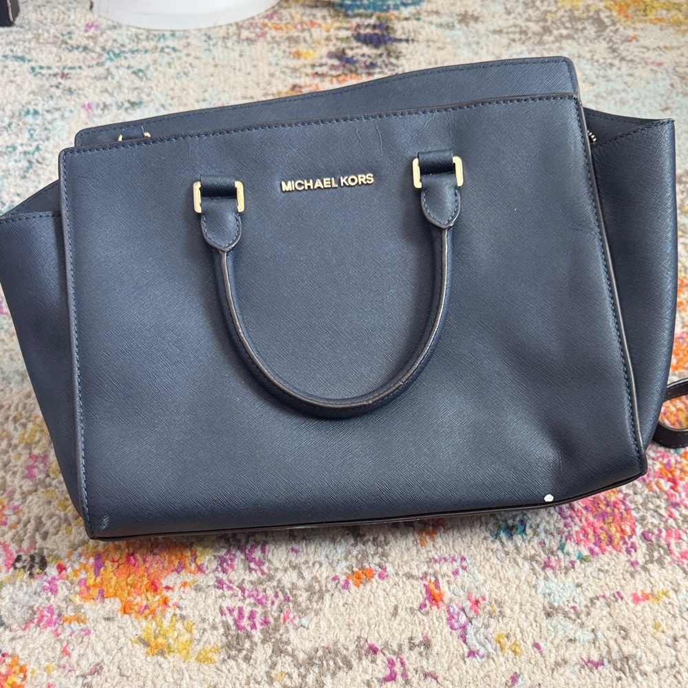 Michael Kors Dark Blue Satchel with Gold Accents